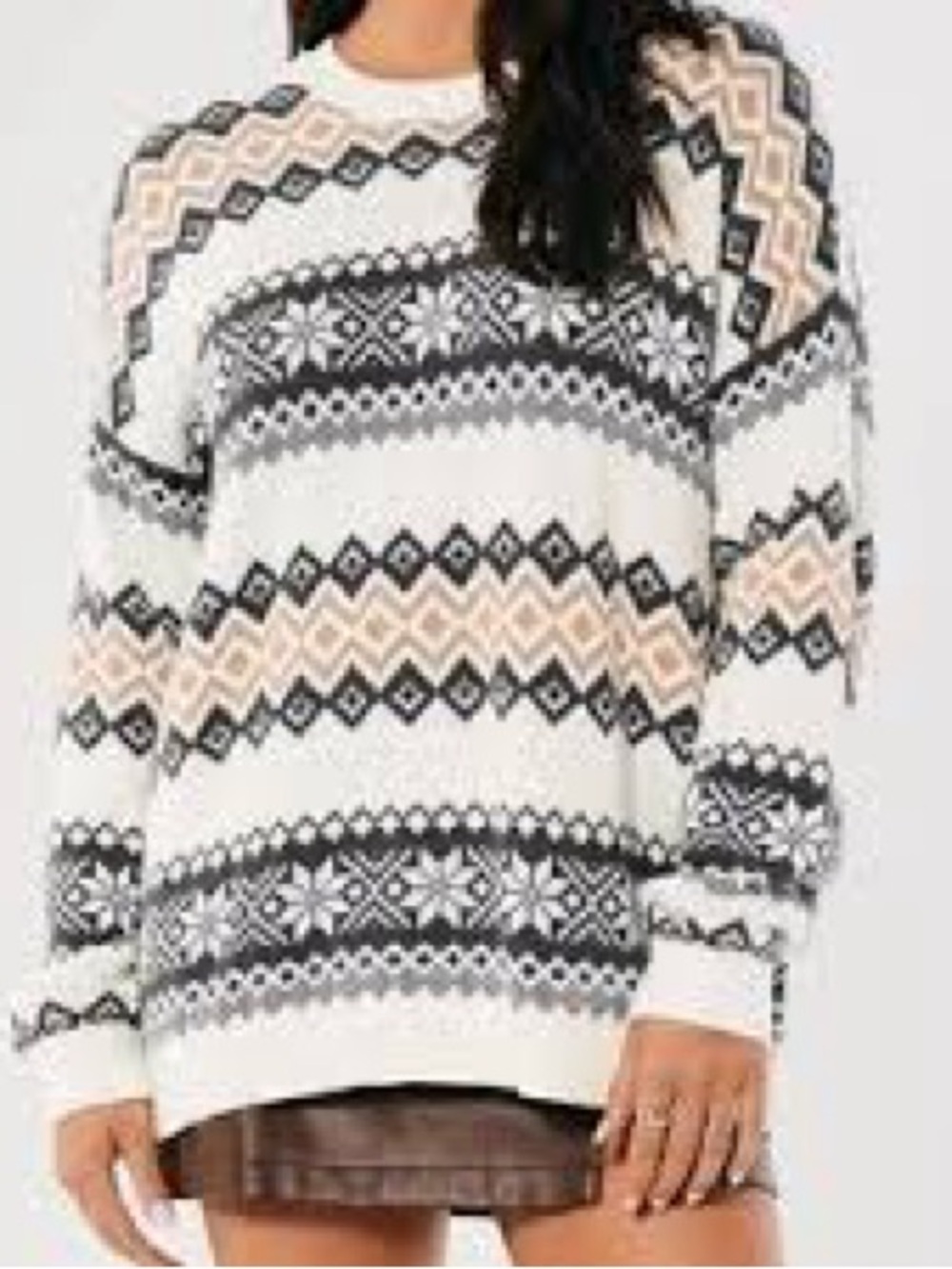 Hollister Cream Fair Isle Crewneck Sweater with Black and Tan Accents